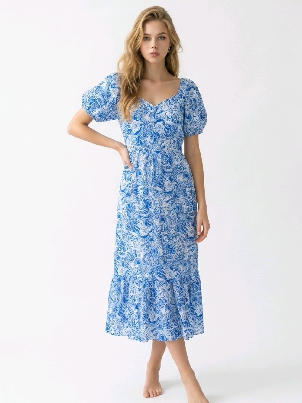 Kindred Blue Porcelain Paisley Print Rayon Midi Dress Small